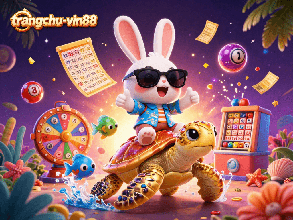 Catch the excitement at trangchu-vin88 with a lively lottery scene featuring a lucky rabbit and golden turtle.