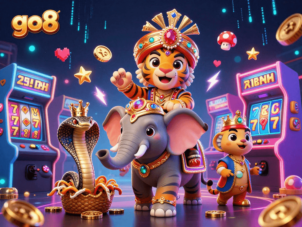 Engage with go8 as a vibrant cartoon world of gaming, featuring lucky slot machines and dynamic characters.