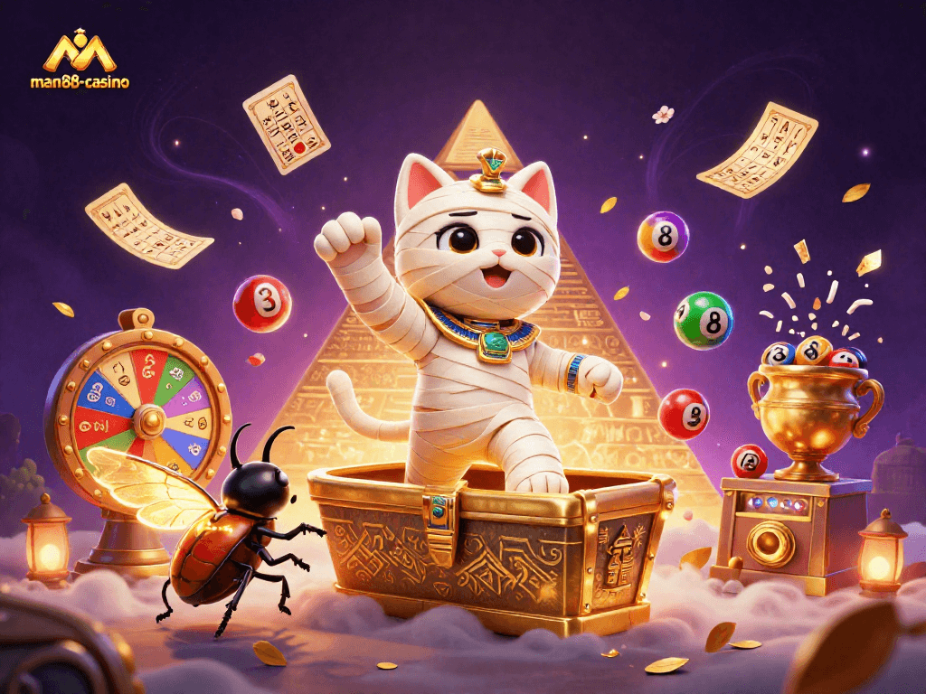 Experience the excitement of man88-casino with a vibrant 3D illustration of a pyramid casino