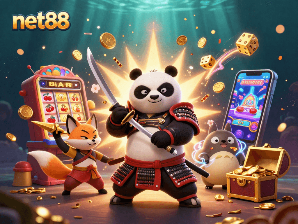 Experience thrilling jackpots with net88 as a samurai panda and ninja fox celebrate wins!