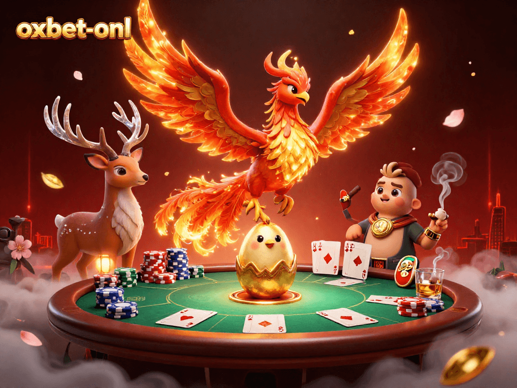 Play exciting poker at oxbet-onl with stunning visuals of phoenix and stag in a dynamic casino scene.