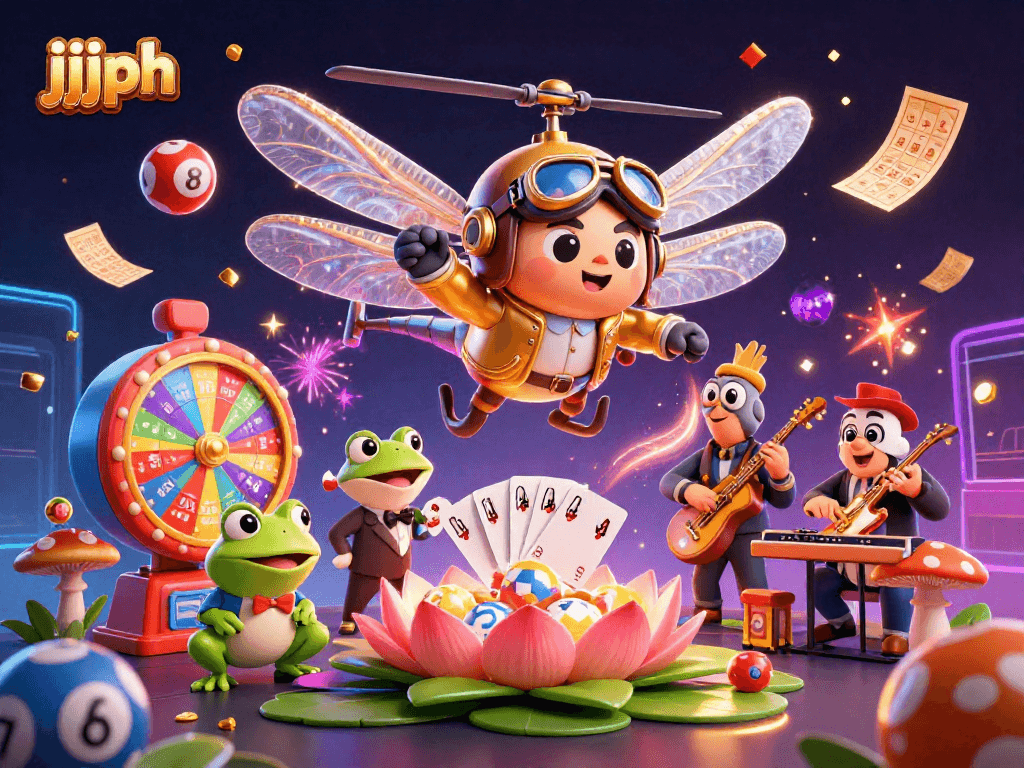 Ipakita ang mga masayang aktibidad sa jjjph kasama ang frog croupier na naglalaro ng mga baraha.