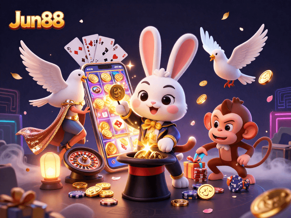 Jun88 players enjoying dynamic action with poker chips and golden coins in a vibrant casino illustration