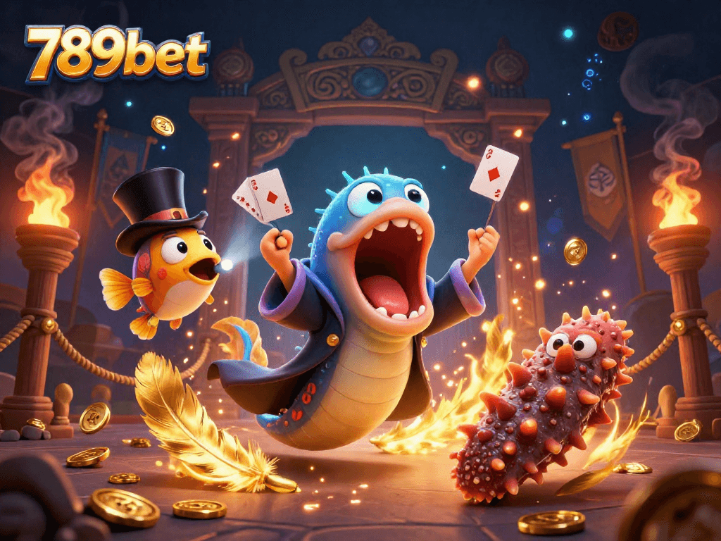Experience the thrilling magic of 789bet as a bioluminescent deep-sea eel performs card tricks amidst golden casino elements.