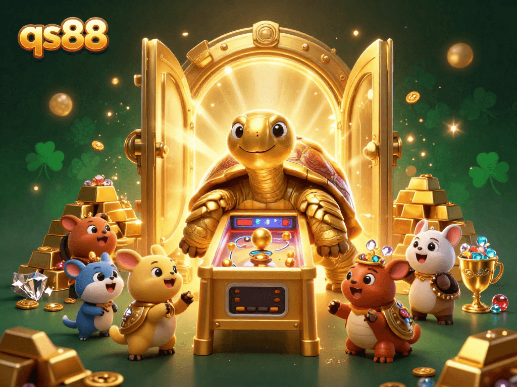 Experience thrilling gameplay at qs88 with a vibrant 3D scene of a golden tortoise pinball machine overflowing with treasures.