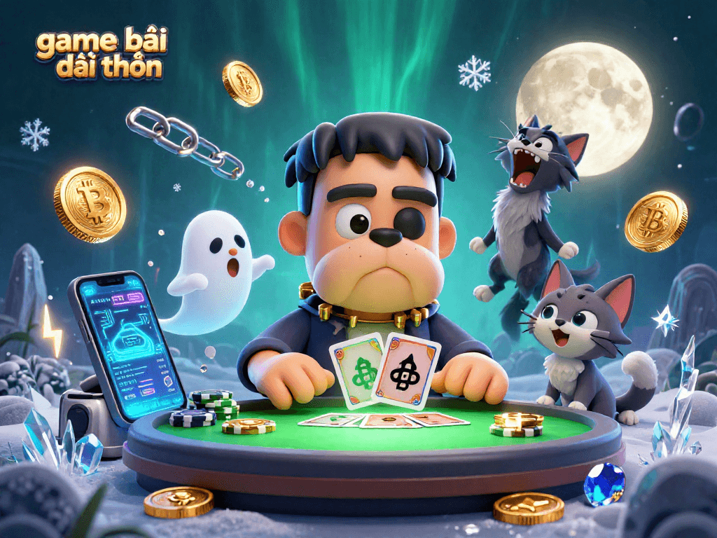 Engage in game bài đổi thưởng with a cartoon Frankenstein bulldog card dealer, ghost mouse and golden moon.