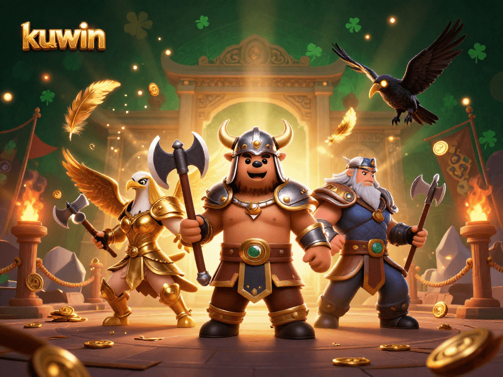 Experience winning strategies at kuwin with a dynamic scene of a Viking bear, Valkyrie eagle, and Odin's ravens amidst vibrant casino elements.
