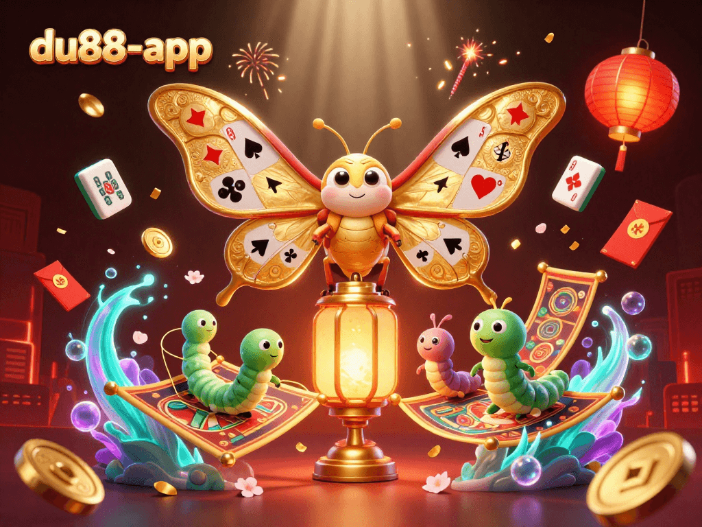 Engage with the colorful scene of du88-app featuring an atlas moth, lanterns, and vibrant casino elements.