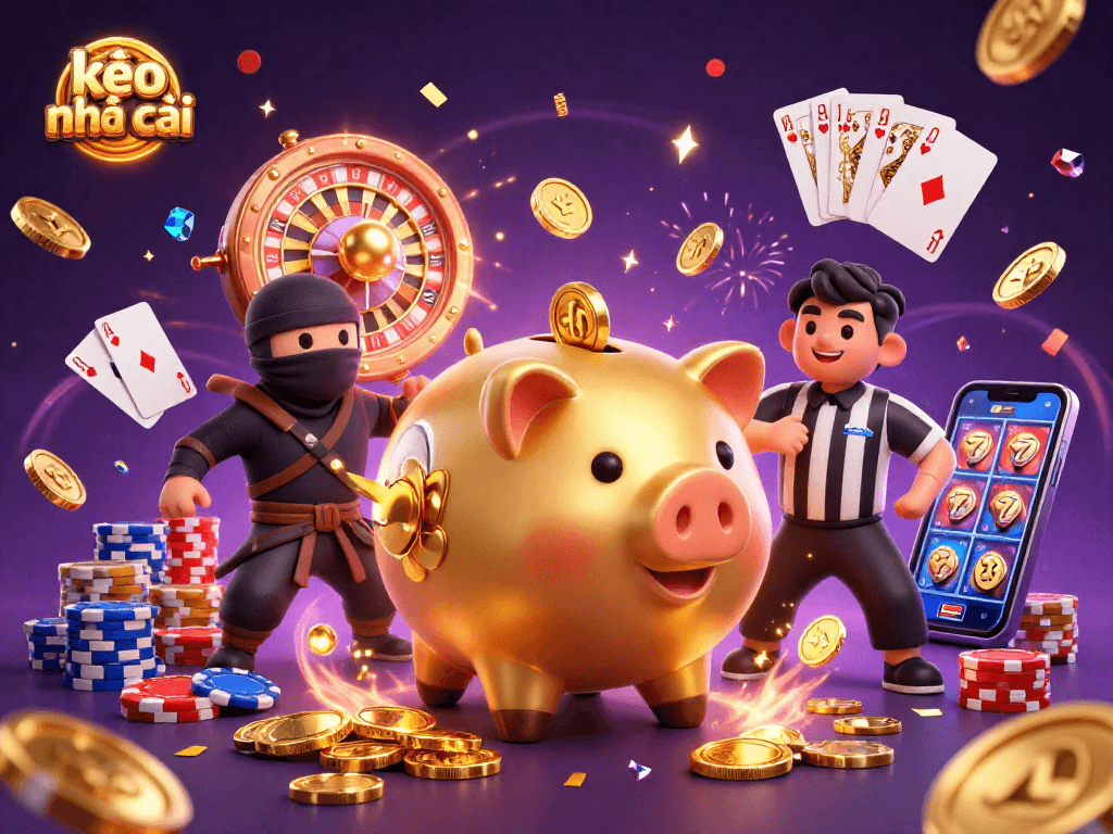 Engage with kèo nhà cái featuring a golden piggy bank sumo wrestler amidst a vibrant casino scene with golden coins.