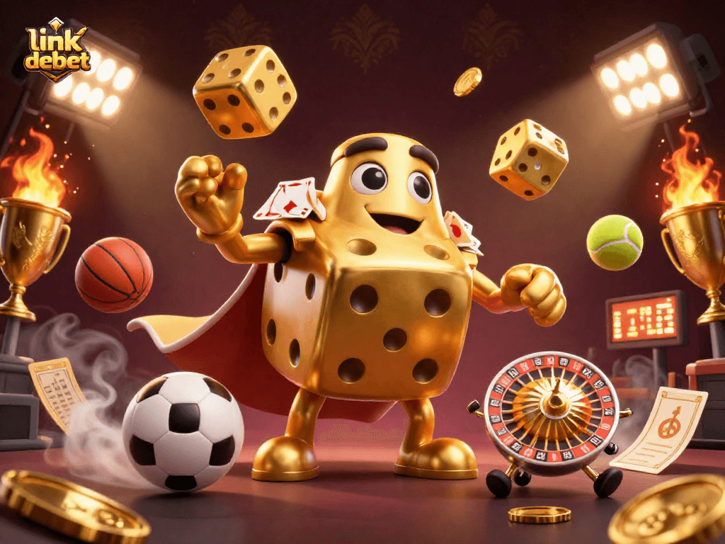 Engage in thrilling gameplay with link debet as massive golden dice juggle bets in a fierce sports atmosphere.