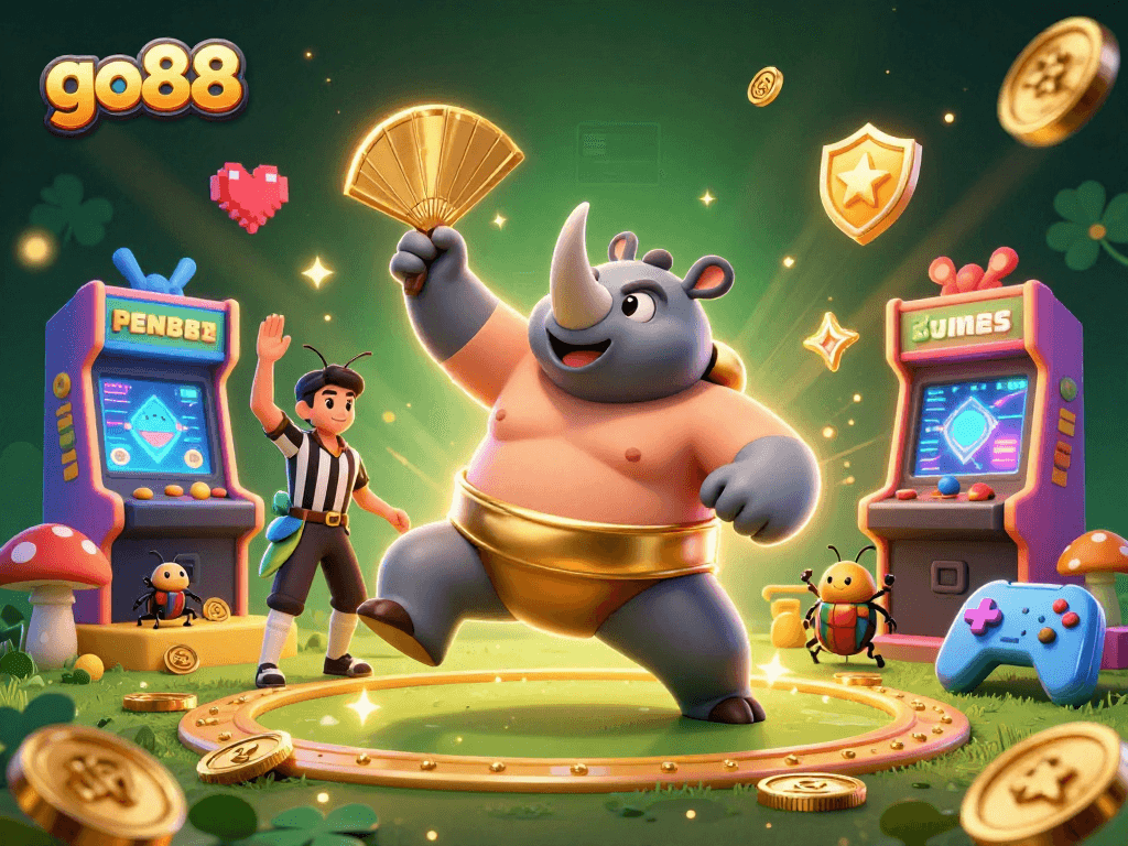 Experience thrilling gameplay with go88, featuring an energetic sumo beetle captain amidst colorful casino arcade elements.