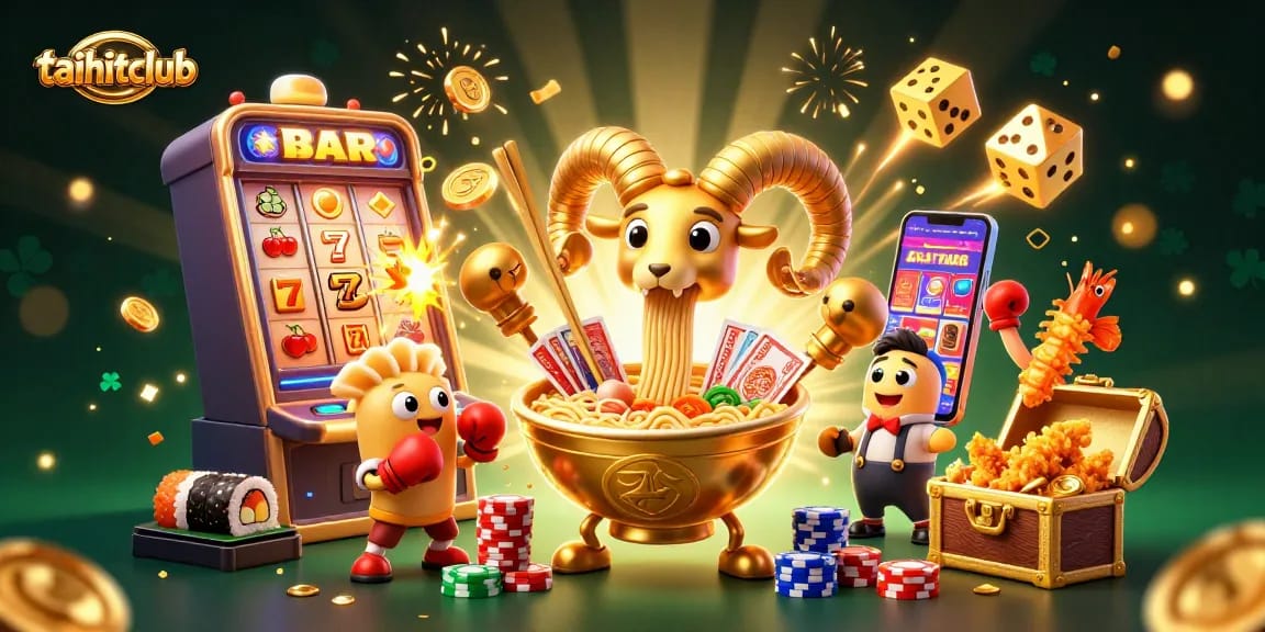 Taihitclub showcases a vibrant 3D casino scene with a golden ramen bowl and friends dealing cards.