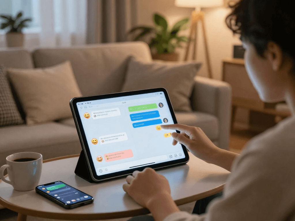 Engaging in ai sex chat with an AI companion on a sleek tablet in a cozy living room.