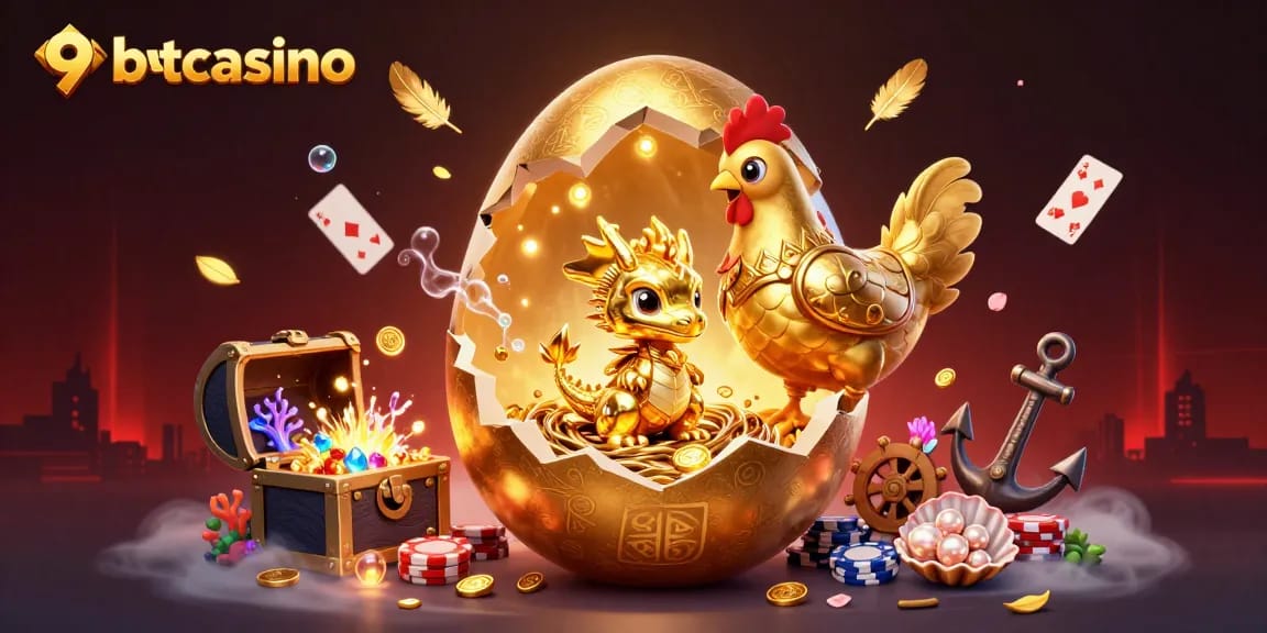 Experience thrilling games at 9betcasino, featuring a vibrant dragon treasure scene with poker chips and gold.