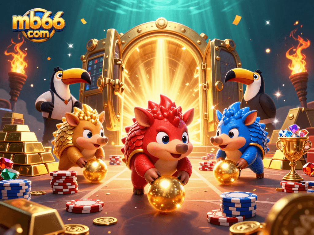 Experience thrilling wins at mb66 com with rival pangolins in a vibrant casino scene filled with gold.