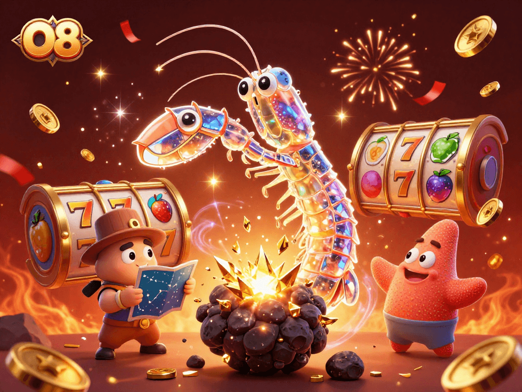 Win big with O8, a 3D galactic mantis shrimp bursting through an asteroid with slots and gems.