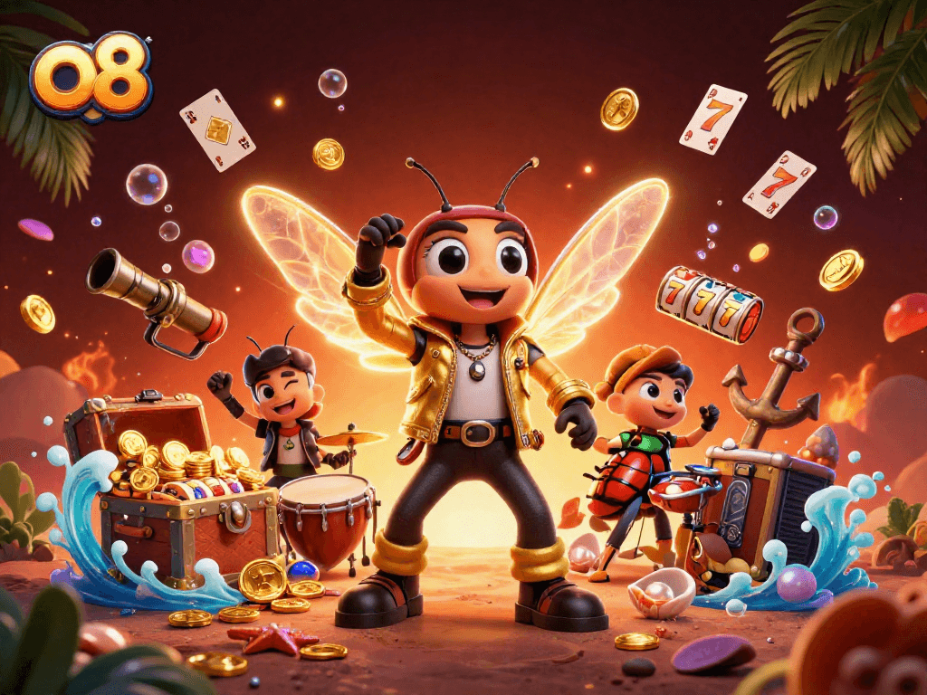 Experience thrilling gameplay at O8 with a vibrant scene featuring a rock star and exciting gambling elements.