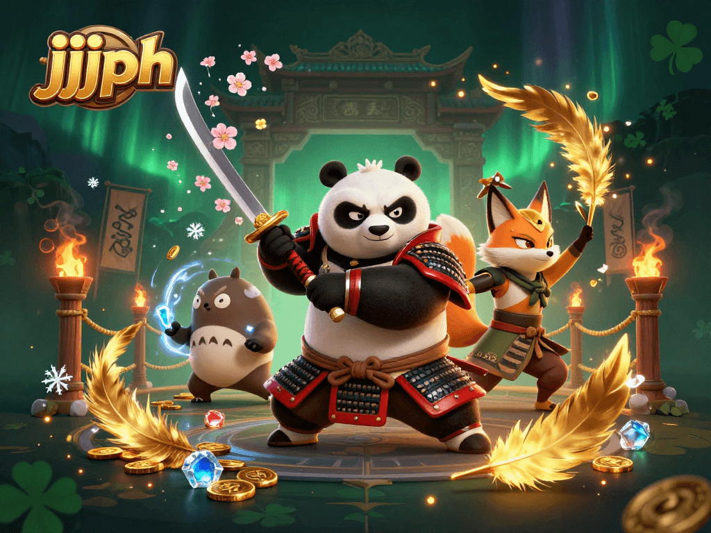 Ang jjjph ay naglalarawan ng napaka-detalye at makulay na eksena ng isang samurai panda na gumuguhit ng katana kasabay ng isang ninja fox.