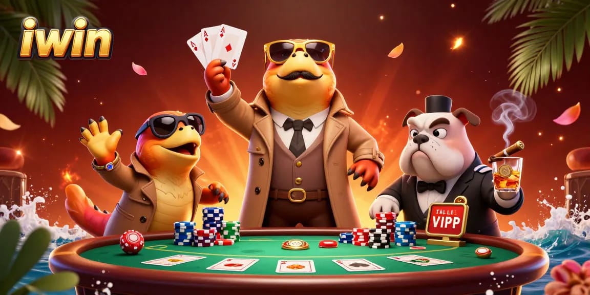 iwin characters thrive in a dramatic VIP casino lounge scene, showcasing poker excitement and camaraderie