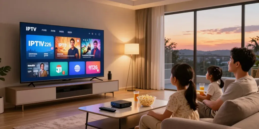 Family enjoying an IPTV service in a cozy living room.