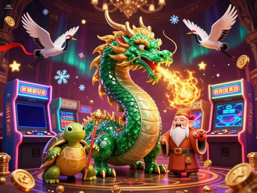 Engage with TK889's vibrant casino world, featuring a jade dragon, turtle sage, and lucky cranes amidst dynamic gaming elements.