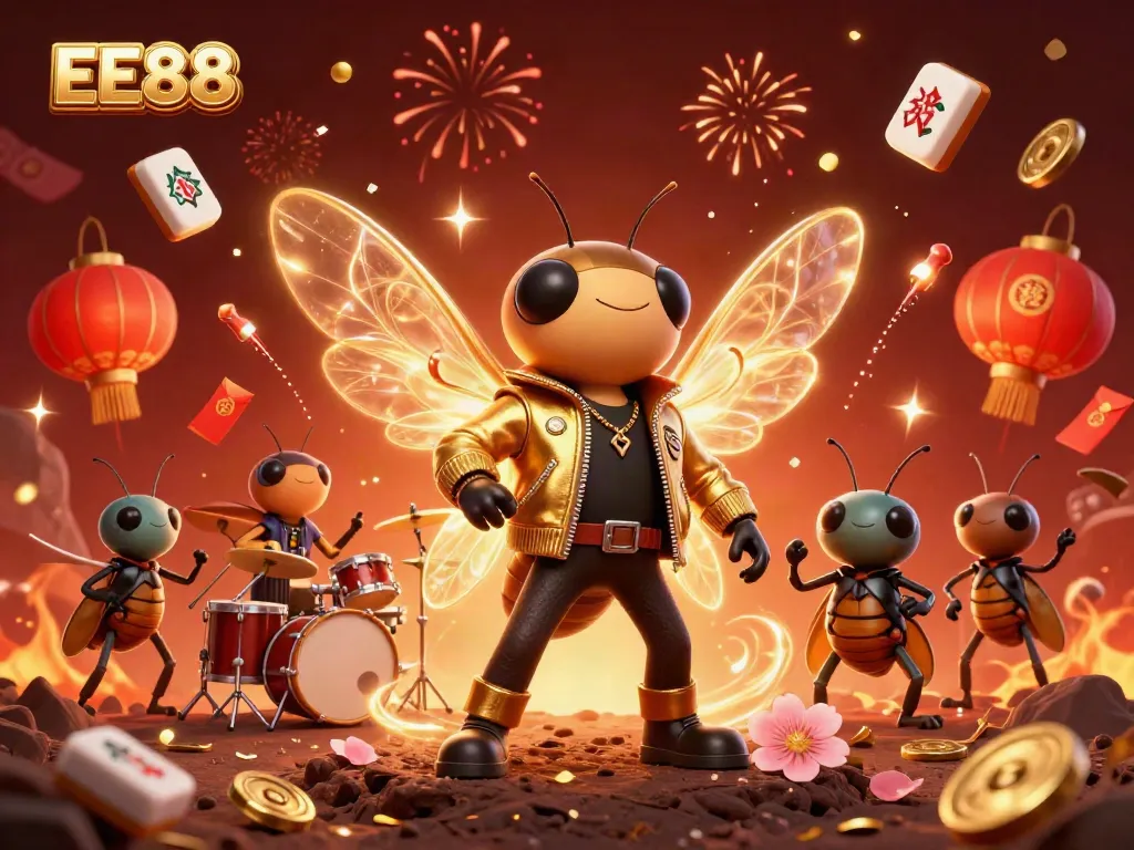Experience the vibrant world of EE88 with a thrilling casino scene featuring a rock star cicada and dynamic game elements.