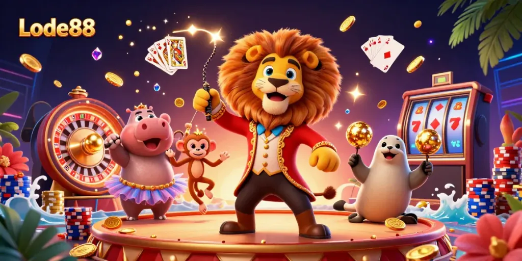 Lode88 creates excitement with a lively circus-themed casino illustration showcasing vibrant characters and dynamic game elements.