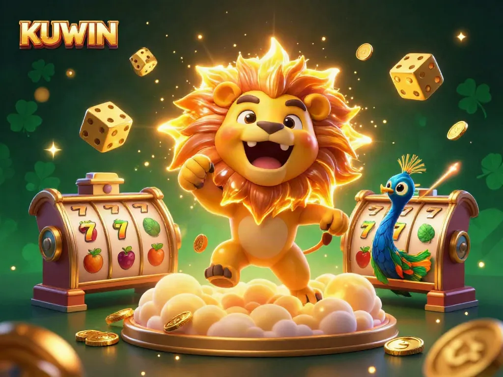 KUWIN players enjoy exciting slot games surrounded by golden animated elements in this vibrant casino illustration.