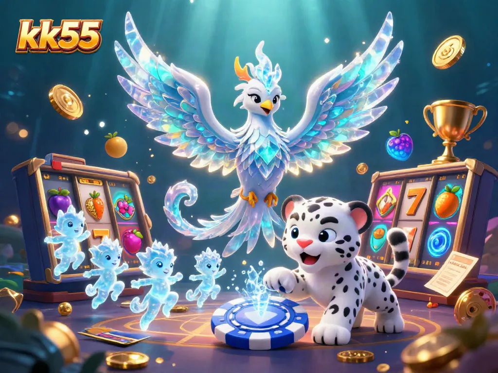 Experience captivating jackpots with kk55's thrilling games featuring a dazzling ice phoenix and playful characters.