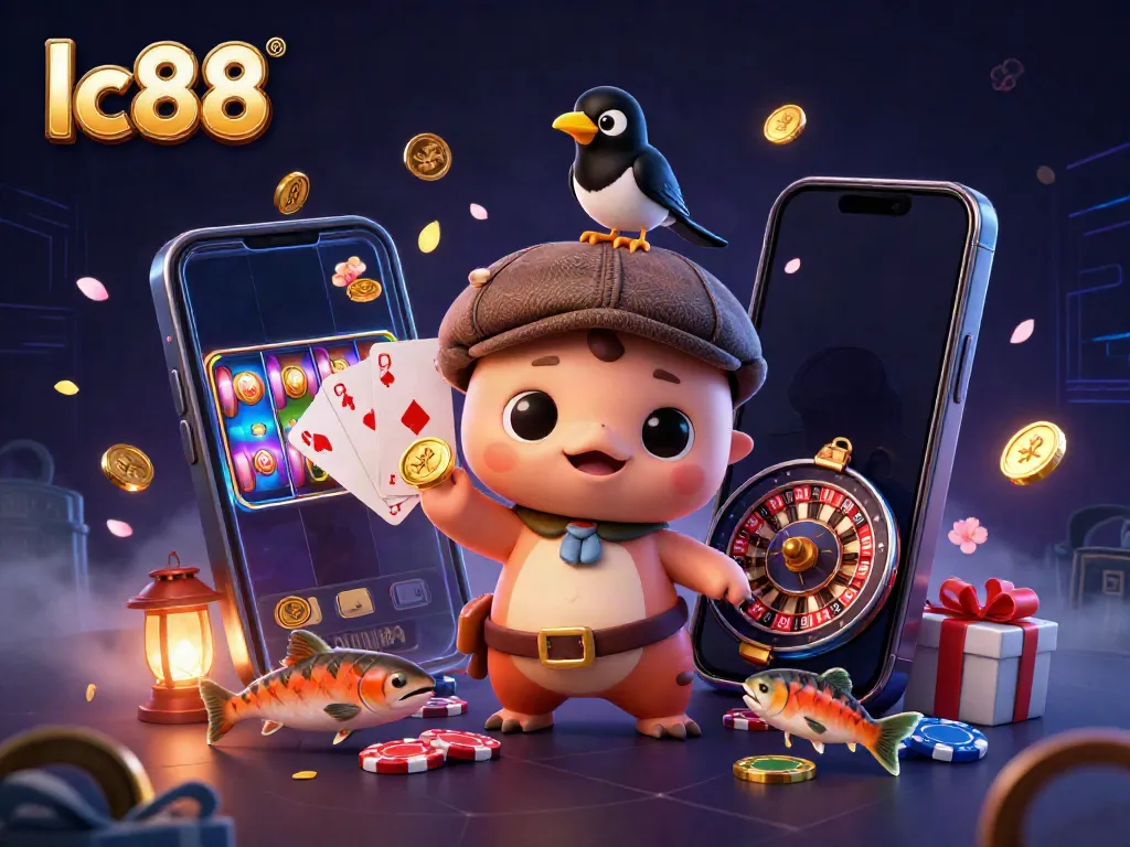 Experience the vibrant world of lc88 through an exciting 3D cartoon scene filled with slot games and playful characters.