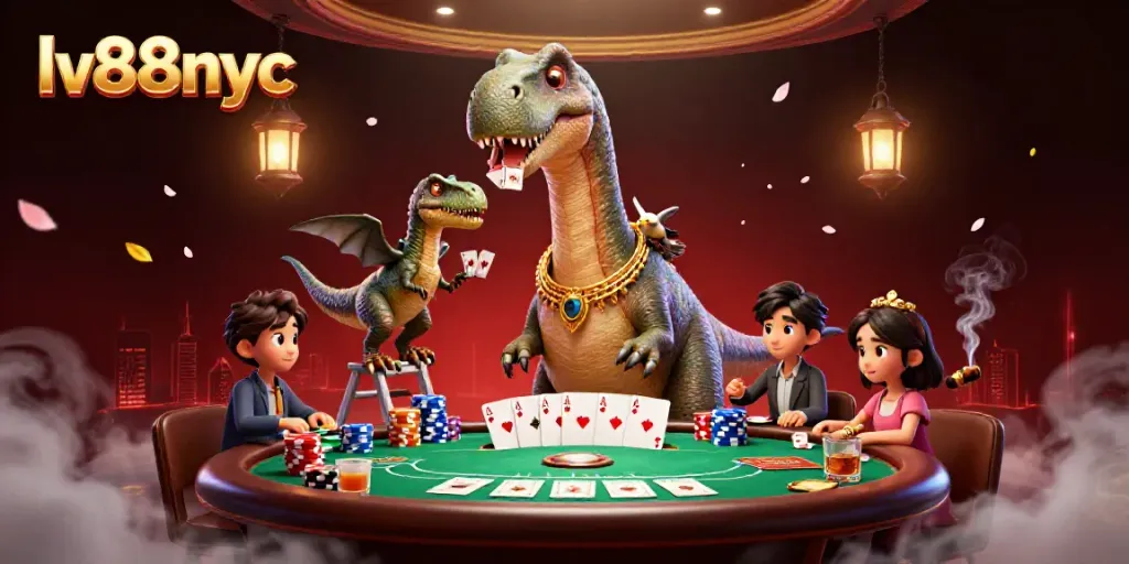 Intensely vibrant scene featuring cute prehistoric characters interacting at a poker table in a whimsical casino setting, perfect for lv88nyc.
