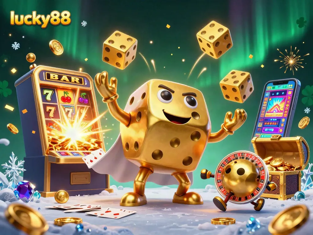 Win big at lucky88 with the dynamic golden dice golem and exciting casino elements in a vibrant scene.