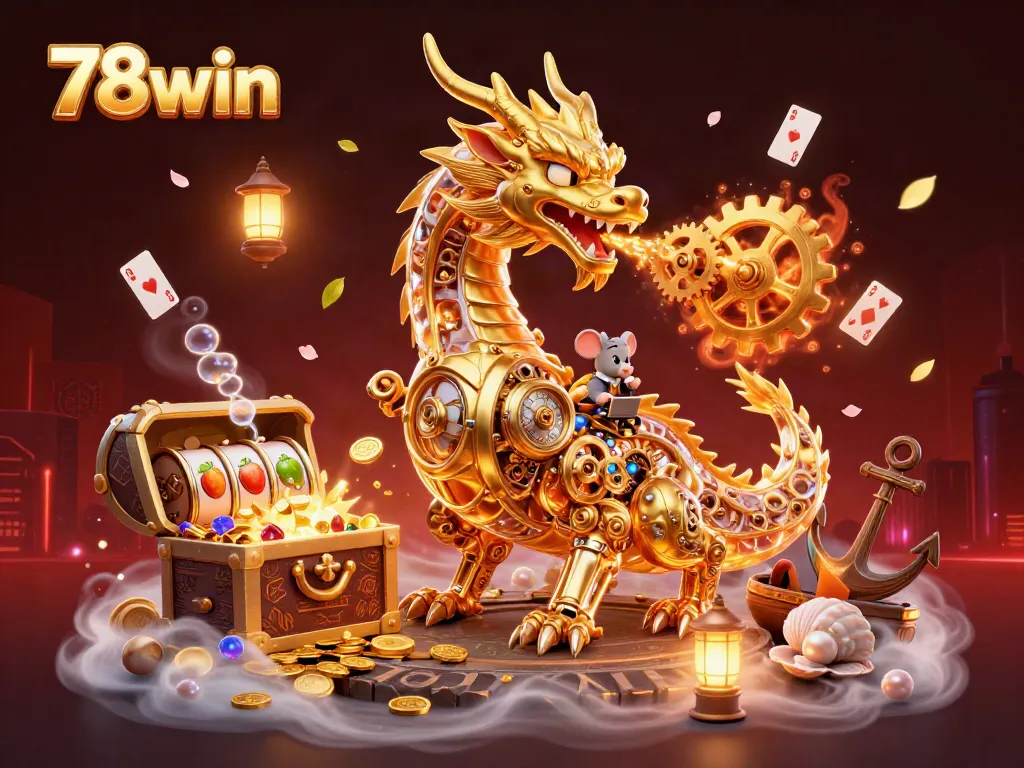 Experience thrilling gameplay with 78win as a golden dragon breathes gears amidst dynamic casino elements.