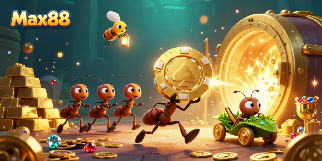 Max88 theme with ants heisting a poker chip, surrounded by treasures and golden elements.