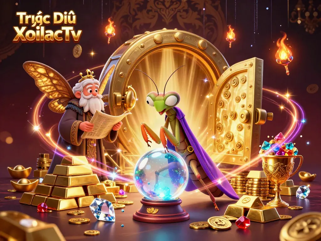 Engage with Trực Tiếp XoilacTv's mystical and vibrant 3D scene featuring fortune tellers and treasures.