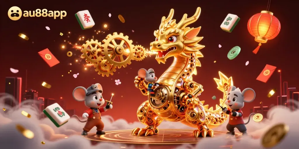 Experience the thrill of wagering with au88app, featuring a 3D dragon spitting gears in a dynamic casino scene.