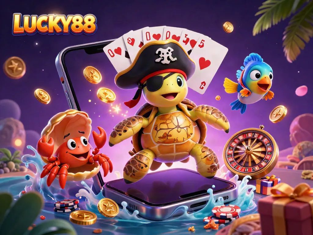 LUCKY88 showcases exhilarating online casino gameplay with engaging characters and vibrant casino elements in a stunning 3D scene.