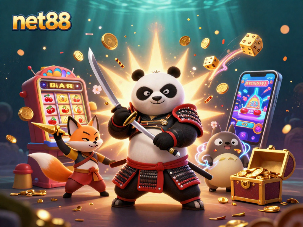 Experience thrilling jackpots with net88 as a samurai panda and ninja fox celebrate wins!