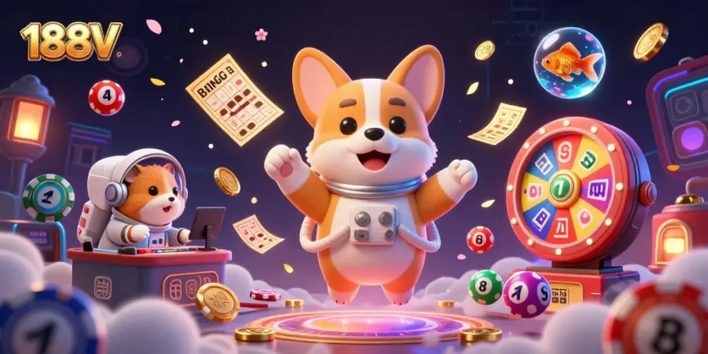 Engage with 188V in a vibrant casino scene featuring a 3D cartoon astronaut corgi, mission-control hamster, and floating goldfish.