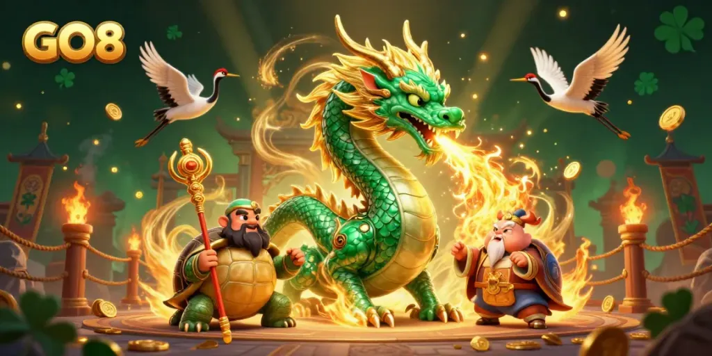 Experience thrilling gameplay with GO8 in this dynamic casino-themed artwork featuring a vibrant dragon and lucky elements.
