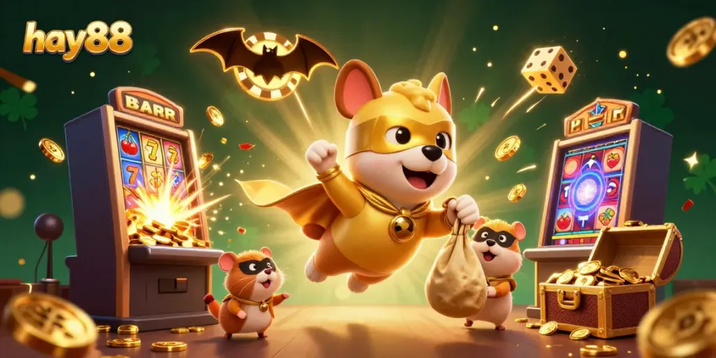 Engaging illustration showcasing the hay88 superhero dog flying amidst vibrant casino elements and gold coins.