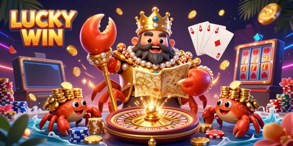 Experience winning charm with LUCKY WIN in this vibrant 3D casino scene featuring a golden crab emperor.