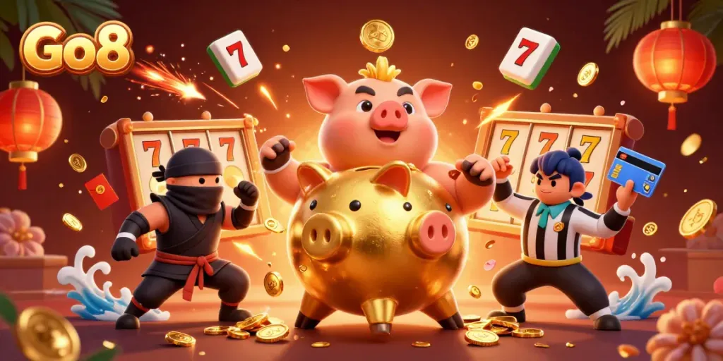 Spin to win at Go8 with vibrant casino-themed characters and immersive game elements in a dynamic scene.
