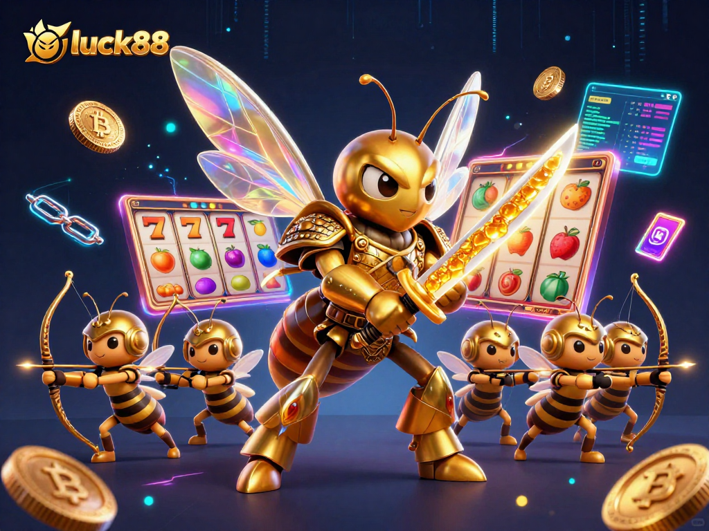 Engage in luck88 slots with dynamic characters like a golden hornet and bee archers amid a vibrant casino backdrop.