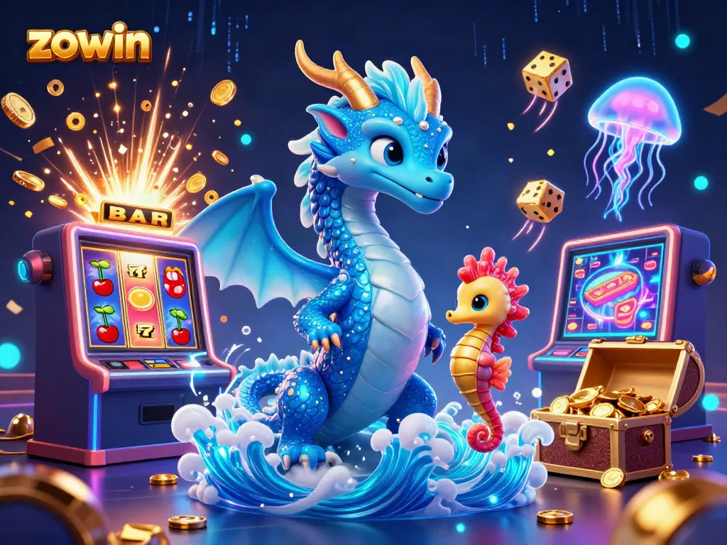 Zowin captivates with a dazzling display of a dragon, knight, and jellyfish above a jackpot slot machine.