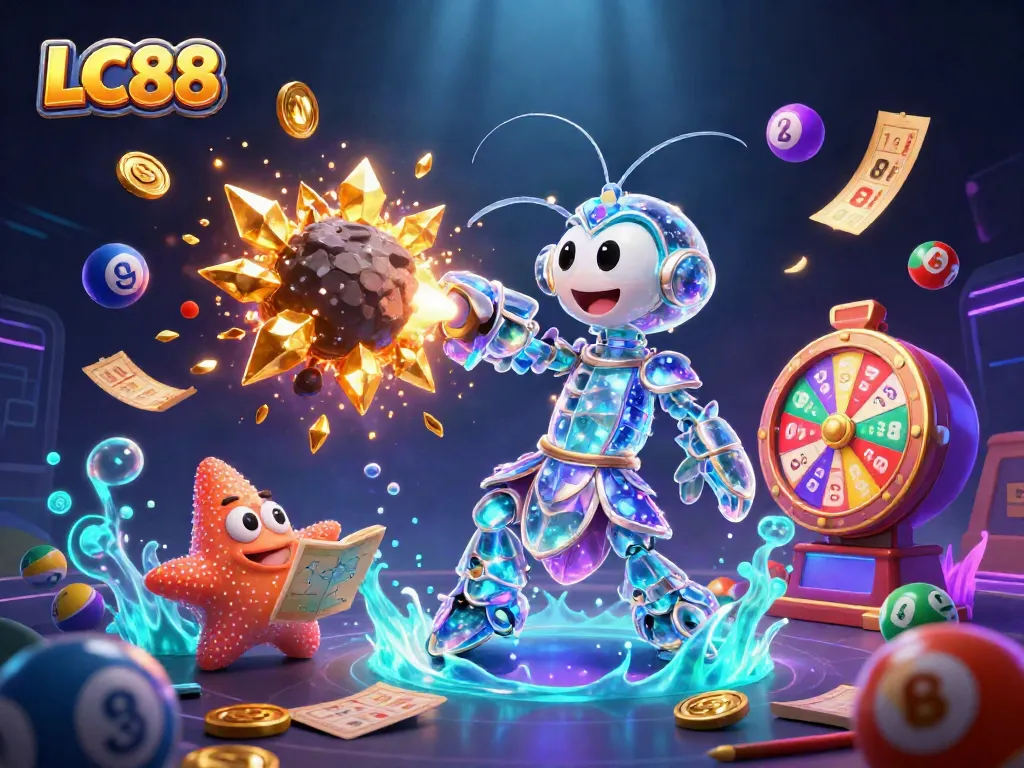 Win big at LC88 with a vibrant casino scene featuring dynamic gaming elements and characters.