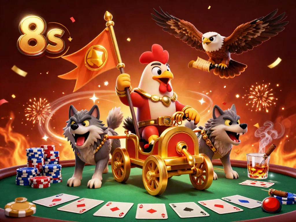 Experience exciting poker action with 8s featuring a fantastical rooster warlord leading a vibrant casino scene.