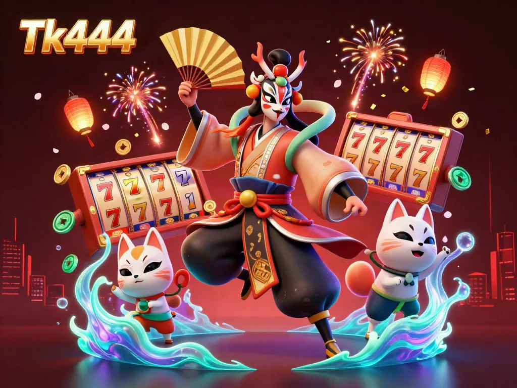 Experience Tk444's vibrant casino atmosphere with a kabuki warrior and lucky symbols in a dynamic 3D illustration.