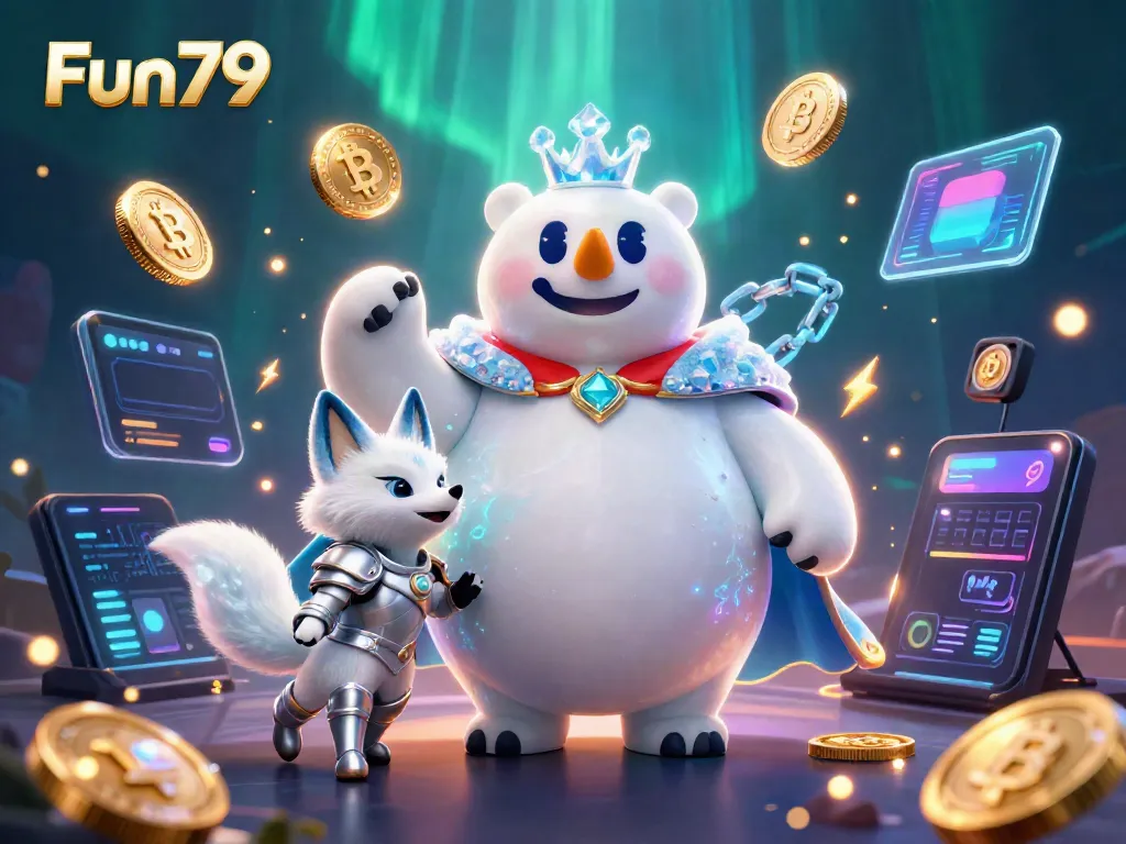 Win big with Fun79's vibrant 3D casino illustration showcasing gaming elements and characters.