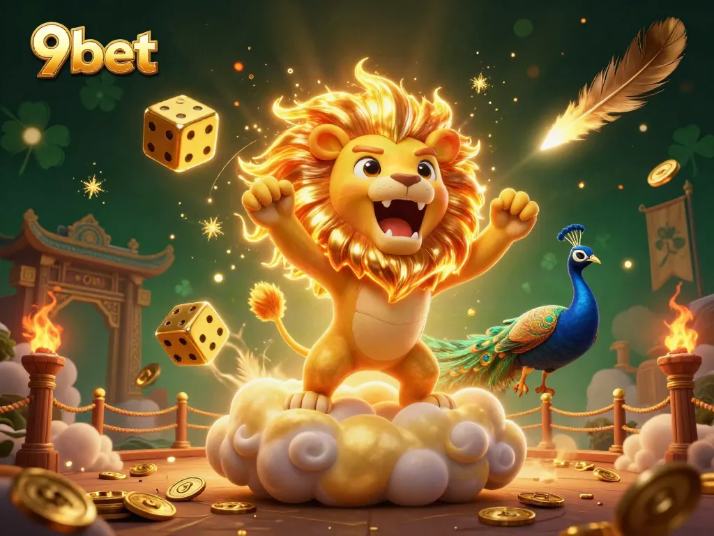 Experience thrilling games at 9bet with a vivid 3D casino illustration of a roaring lion and golden dice.